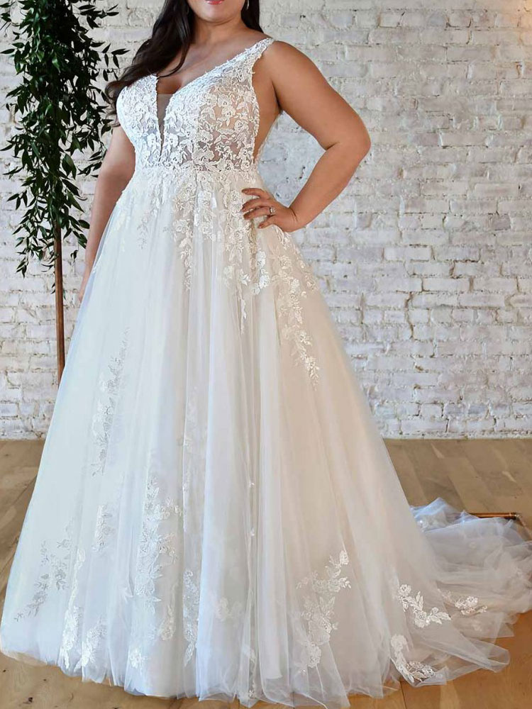 Simple Aline White Wedding Dress V-Neck Sleeveless Backless Lace Bridal Gowns-newarrivaldress
