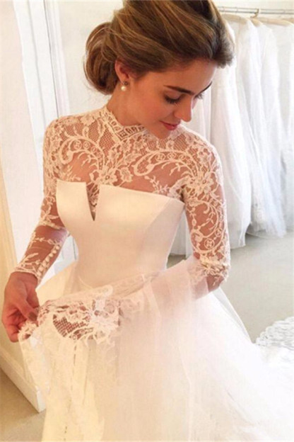 High Neck Vintage Lace Wedding Dresses | Open Back Long Sleeve Satin Bridal Gowns-newarrivaldress
