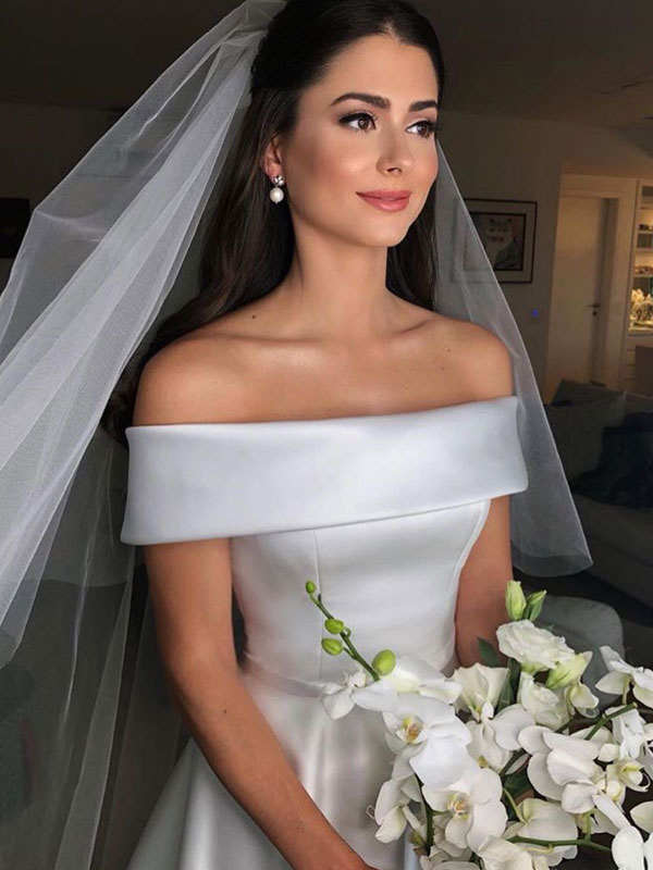 Vintage Wedding Dresses 2021 Off The Shoulder Short Sleeve A Line Satin Traditional Bridal Gowns With Sweep Train-newarrivaldress