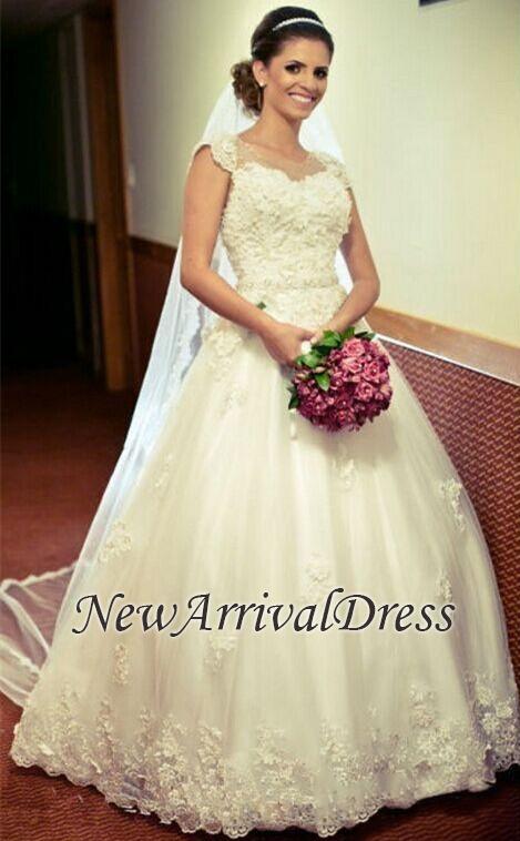 Jewel New Arrival Lace Gown Crystal-Belt Ball Appliques Tulle Cap Sleeve Princess Elegant Wedding Dresses-newarrivaldress