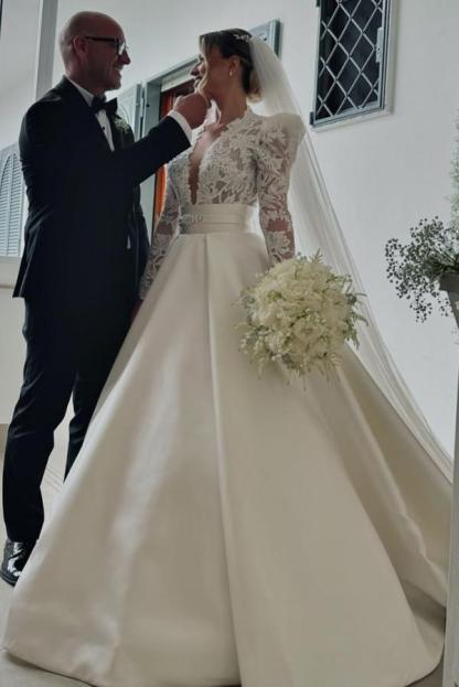 Stylish Floral Lace Aline Wedding Dress Long Sleeves V-Neck Satin Bridal Dress-newarrivaldress