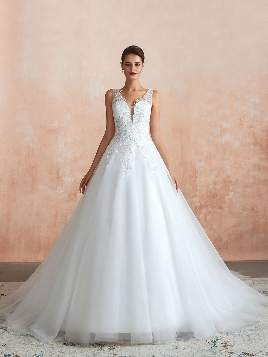 Wedding Dress 2021 V Neck Princess Sleeveless Floor Length Tulle Bridal Gown With Train-newarrivaldress