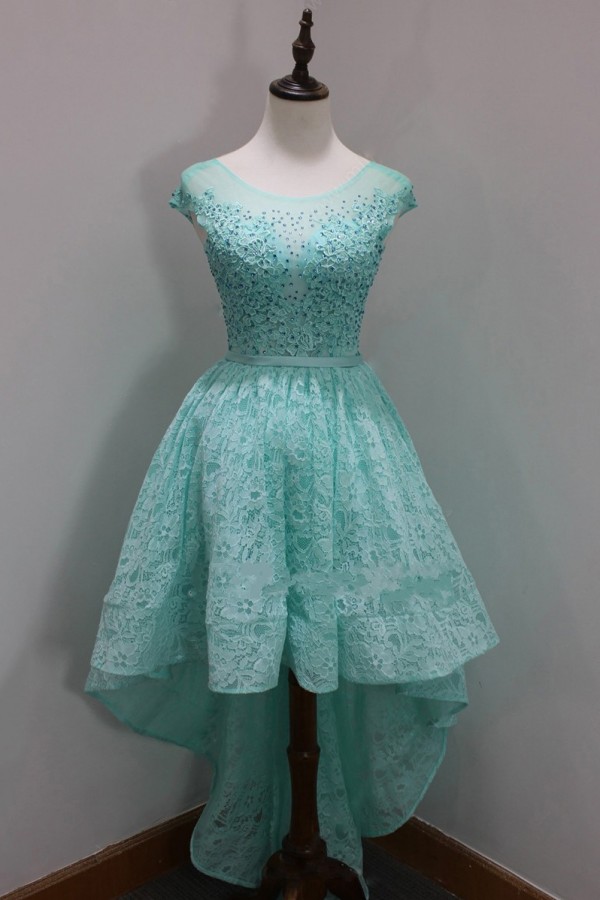 Sleeves Custom Made A-line Dresses Sequins Scoop High-Low Cap Lace Homecoming Long Prom Dresses-newarrivaldress