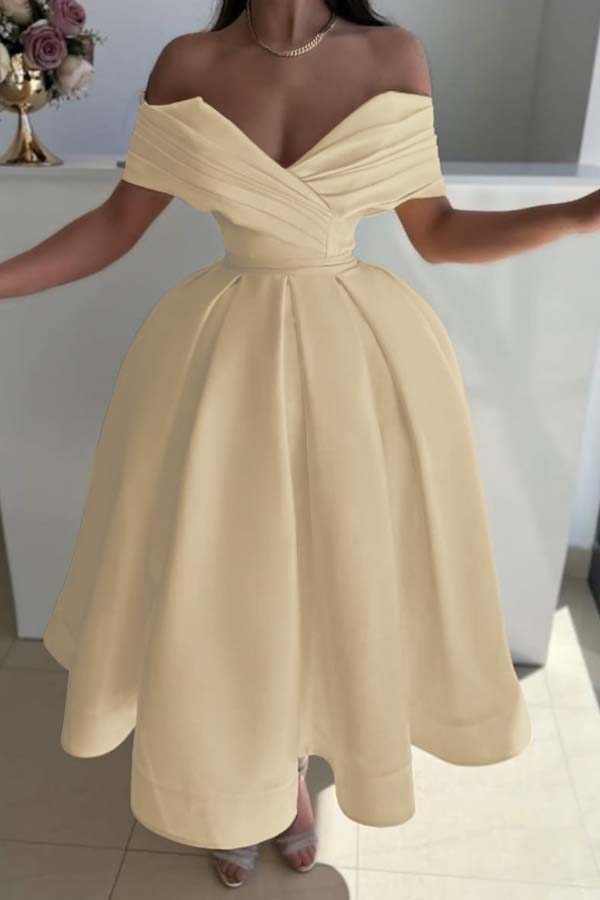 Off the Shoulder Sleeveless A Line Prom Dress With Pleated