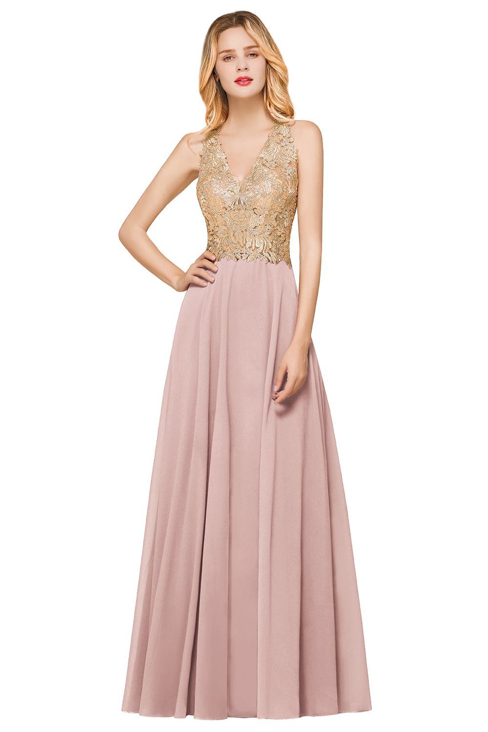 Elegant Aline Chiffon Long Evening Dress Sleeveless Gold Appliques Wedding Party Dress-newarrivaldress
