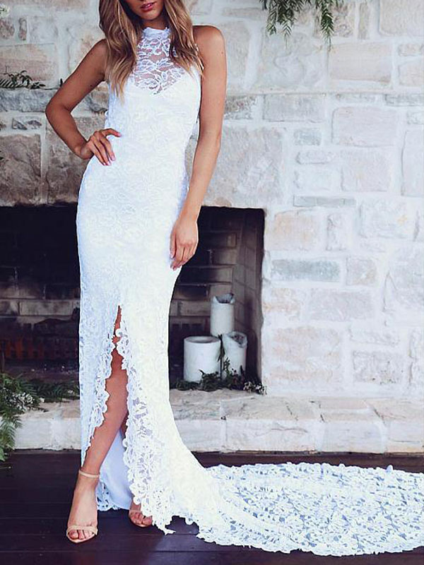 Boho Wedding Dress Mermaid High Cpllar Halter Sleeveless With Train Split Lace Bridal Dress-newarrivaldress