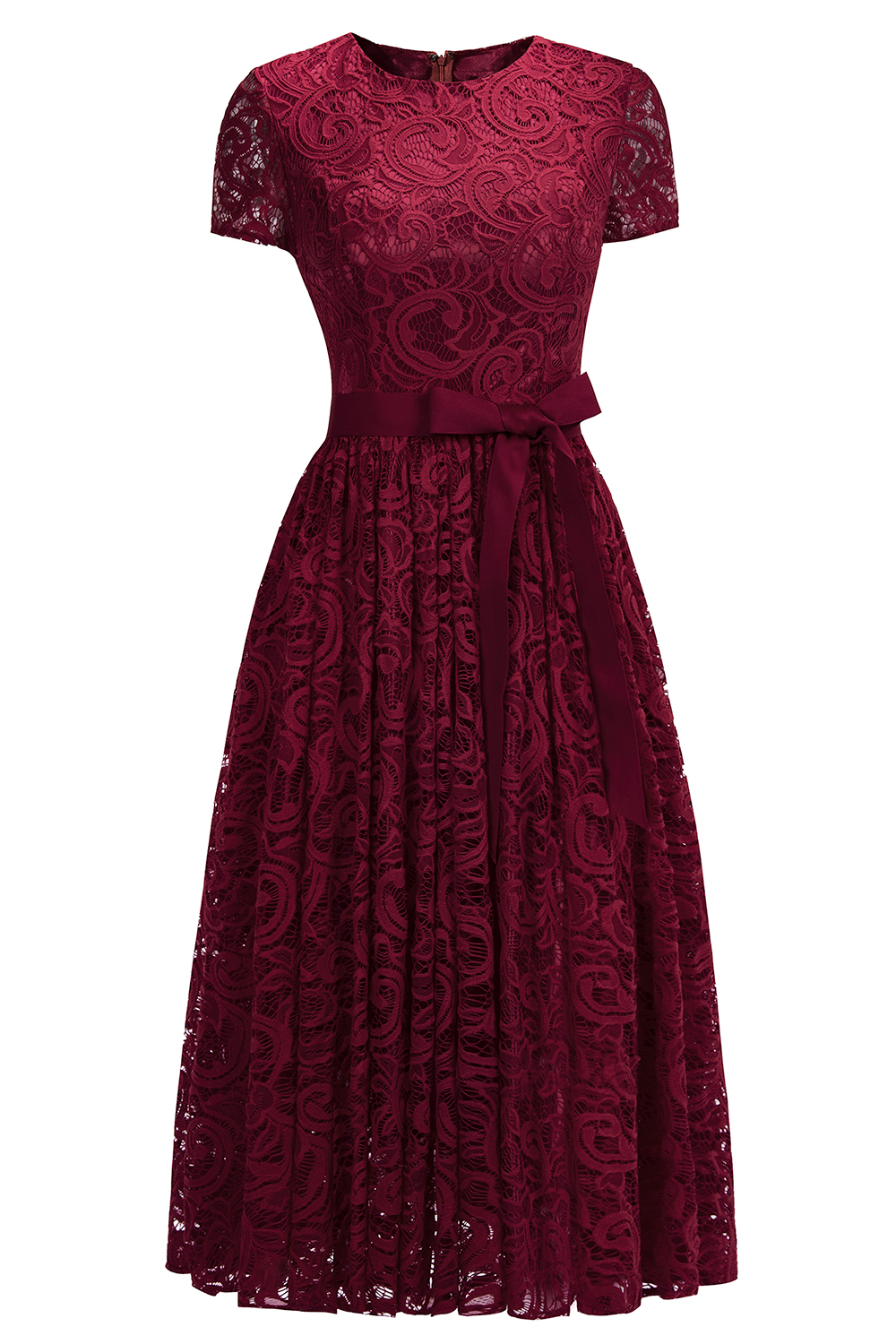 Short Sleeves Seath Red Lace Dresses with Ribbon Bow-newarrivaldress