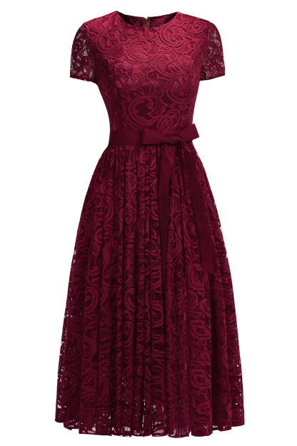 Short Sleeves Seath Red Lace Dresses with Ribbon Bow-newarrivaldress