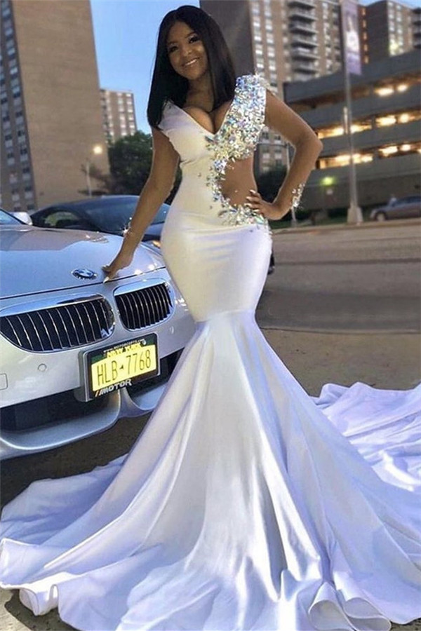 Chic V-Neck Lace Rhinestones Sweep Train Sexy Mermaid Prom Dresses-newarrivaldress
