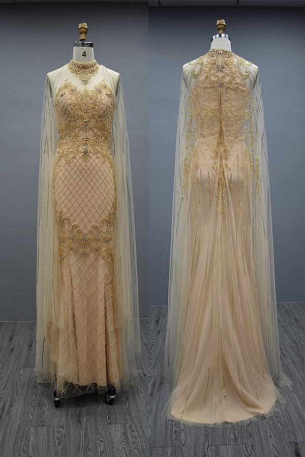 Gorgeous Halter Glitter Beadings Long Evening Dress with Tulle Cape-newarrivaldress
