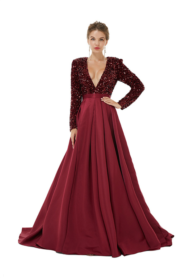 Charming Sparkly Sequins Long Evening Dress Satin Side Split Dress with Long Sleeves-newarrivaldress