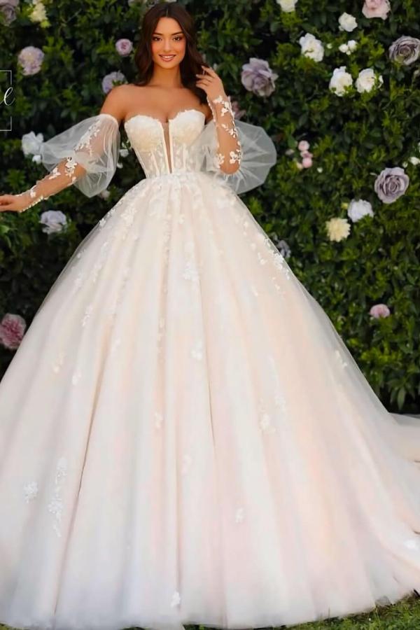 Glamorous Sweetheart White Aline Wedding Dresses with Sleeves Lace Appliques Bridal Dress-newarrivaldress