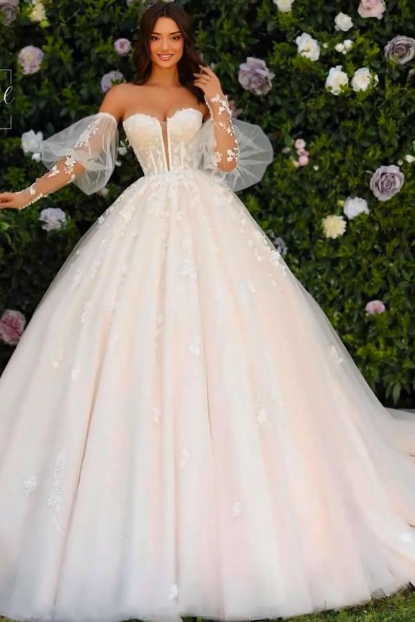 Glamorous Sweetheart White Aline Wedding Dresses with Sleeves Lace Appliques Bridal Dress-newarrivaldress