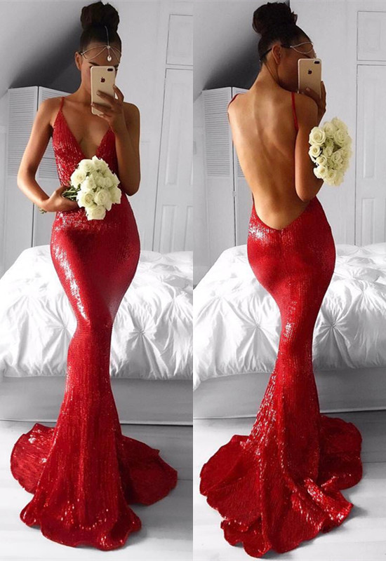 Sexy Red Sequins Prom DressBackless Mermaid Long Party Gowns BA7966-newarrivaldress