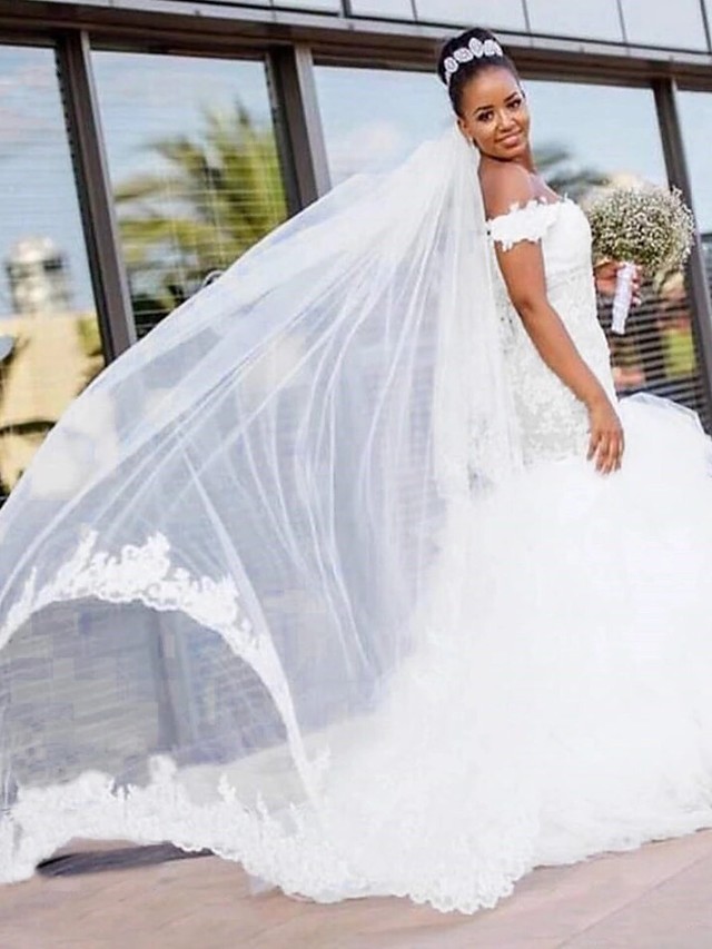 Modest Mermaid Wedding Gowns Off Shoulder Ruffles Tulle Lace Bridal Dress-newarrivaldress