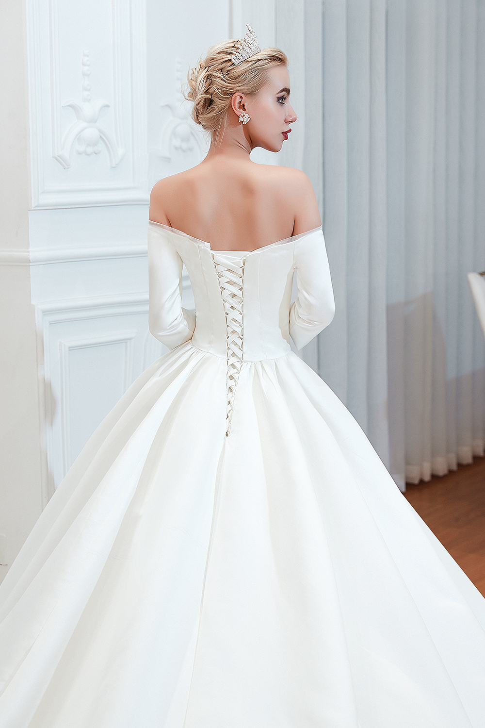Amazing Off Shoulder Satin Wedding Dress Aline with Sleeves-newarrivaldress
