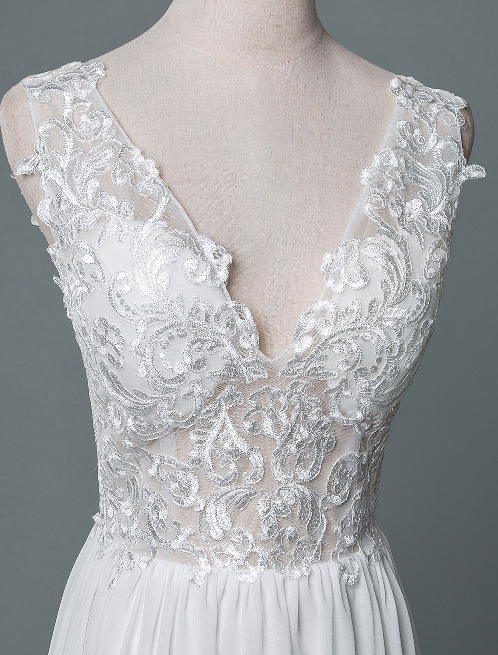 Wedding Dress V Neck Sleeveless Lace A Line Floor Length Chiffon Bridal Gowns With Train-newarrivaldress