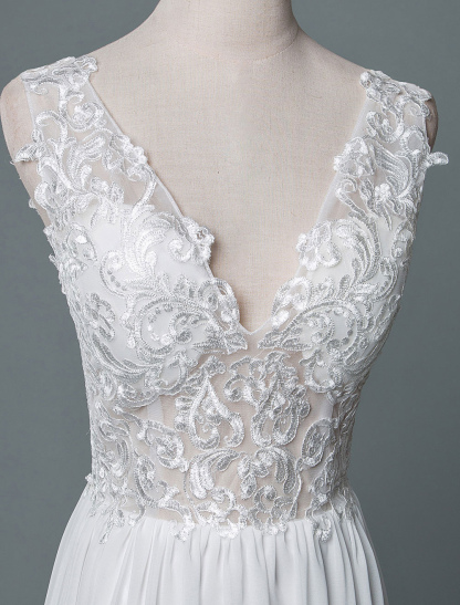 Wedding Dress V Neck Sleeveless Lace A Line Floor Length Chiffon Bridal Gowns With Train-newarrivaldress