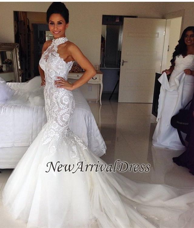 Mermaid Long Tulle Sexy Sleeveless Halter Applique Wedding Dresses Online-newarrivaldress