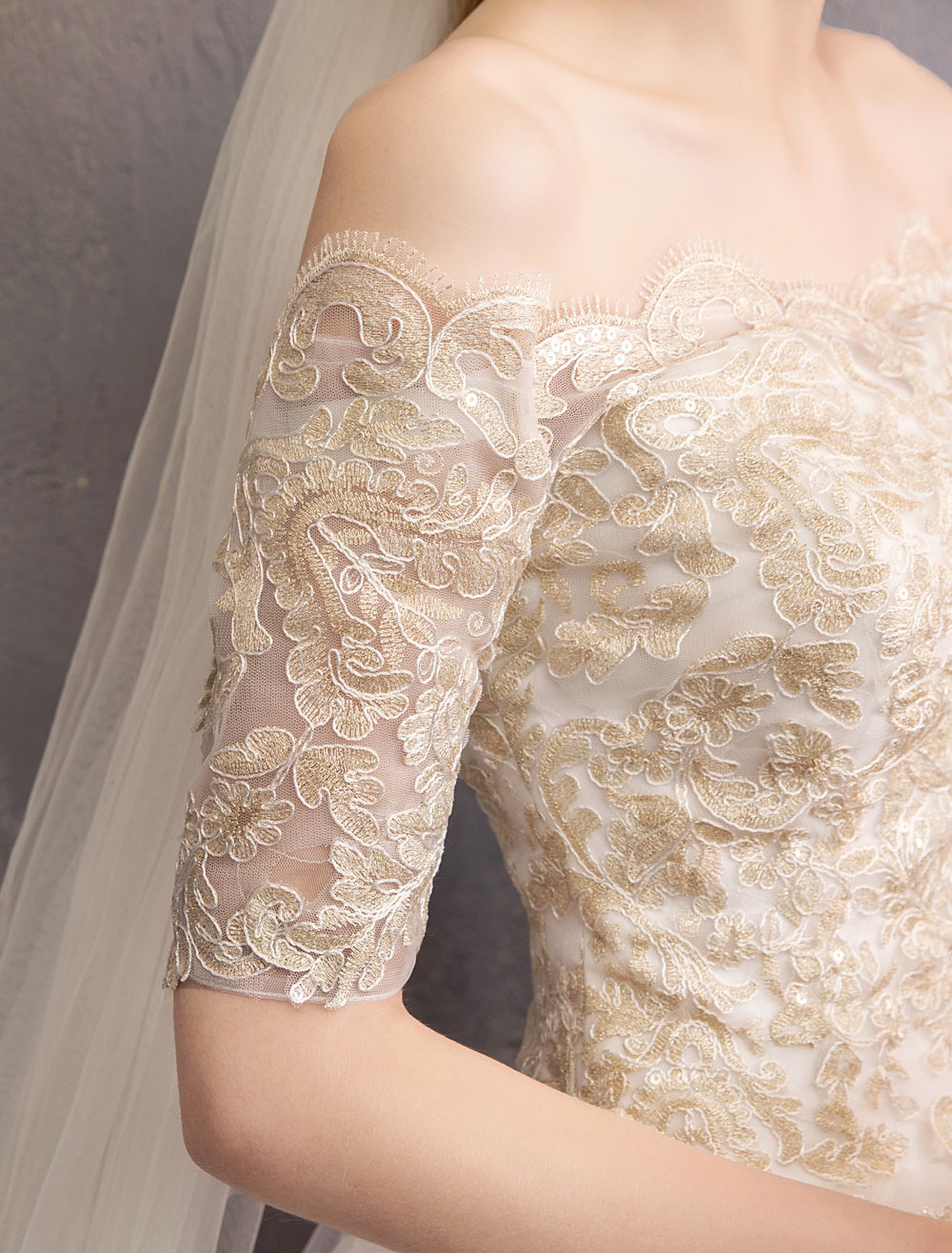 Tulle Wedding Dress Off The Shoulder Half Sleeve Princess Bridal Gown-newarrivaldress