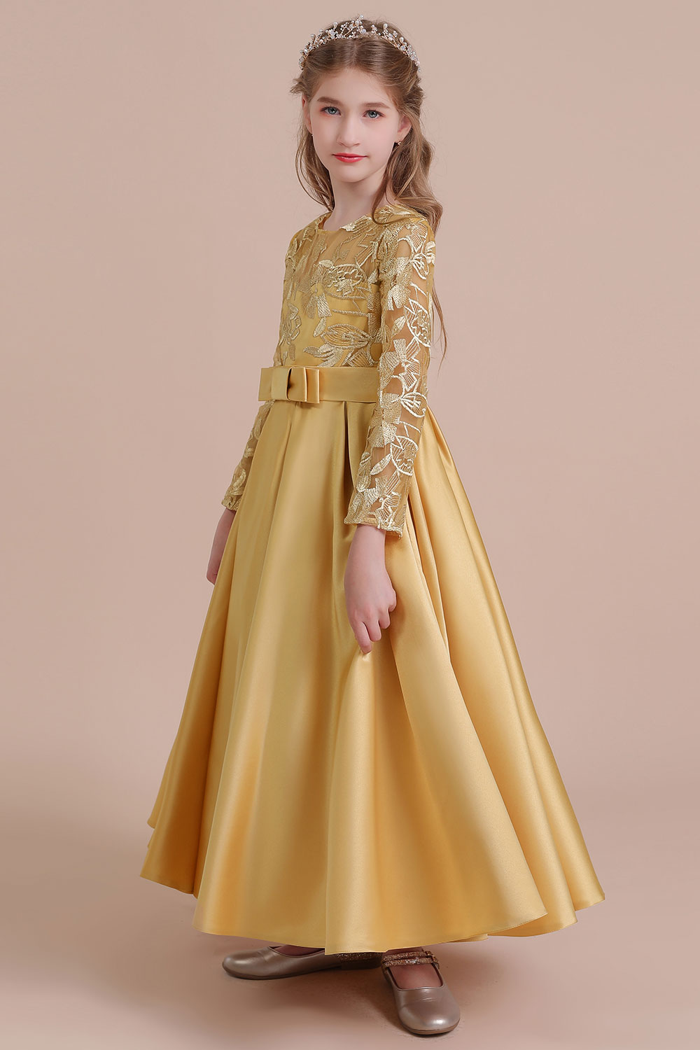 Ankle Length Flower Girl Dress for Weddings| Long Sleeve Satin Little Girls Dress-newarrivaldress