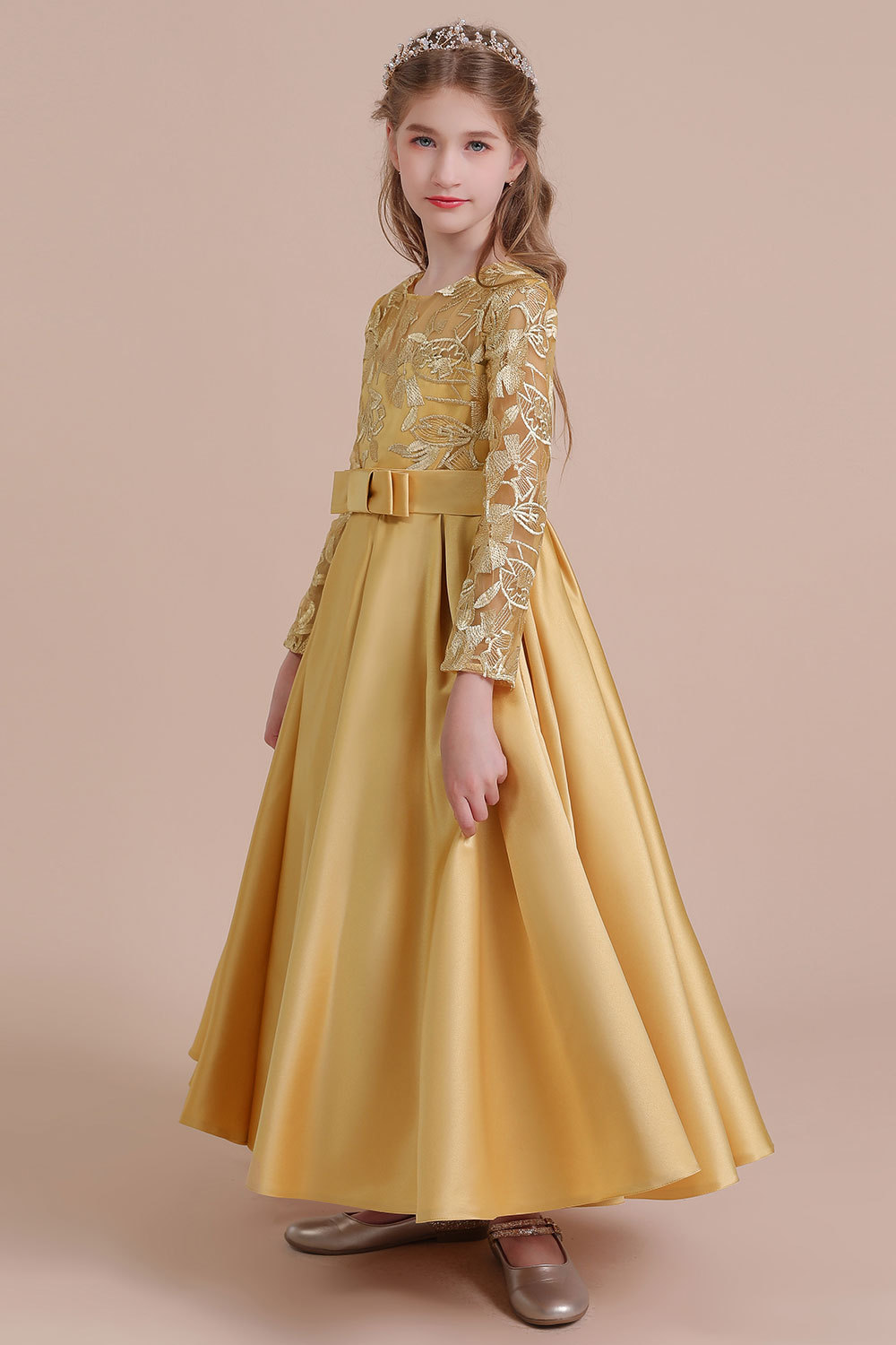 Ankle Length Flower Girl Dress for Weddings| Long Sleeve Satin Little Girls Dress-newarrivaldress