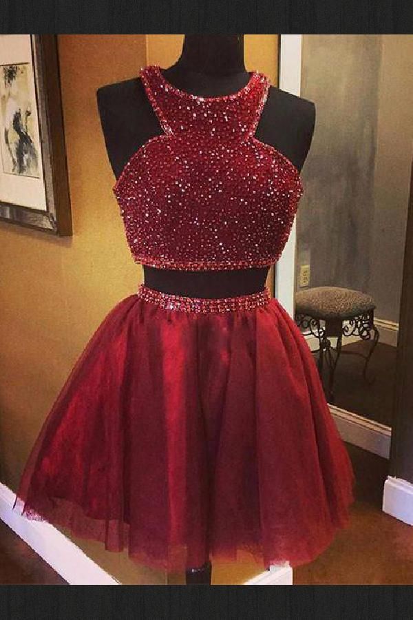 Luxury Sleeveless Bead Custom Made A-line Red Two Piece Sexy Short Homecoming Dresses-newarrivaldress