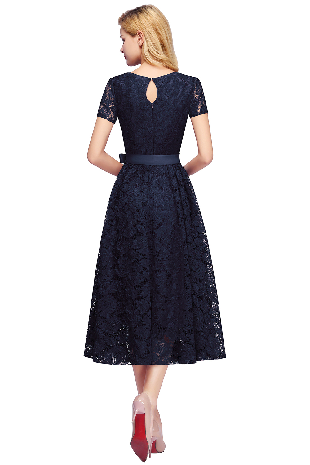 Burgundy Short Sleeves Flower Lace V-neck Dresses with Sash-newarrivaldress