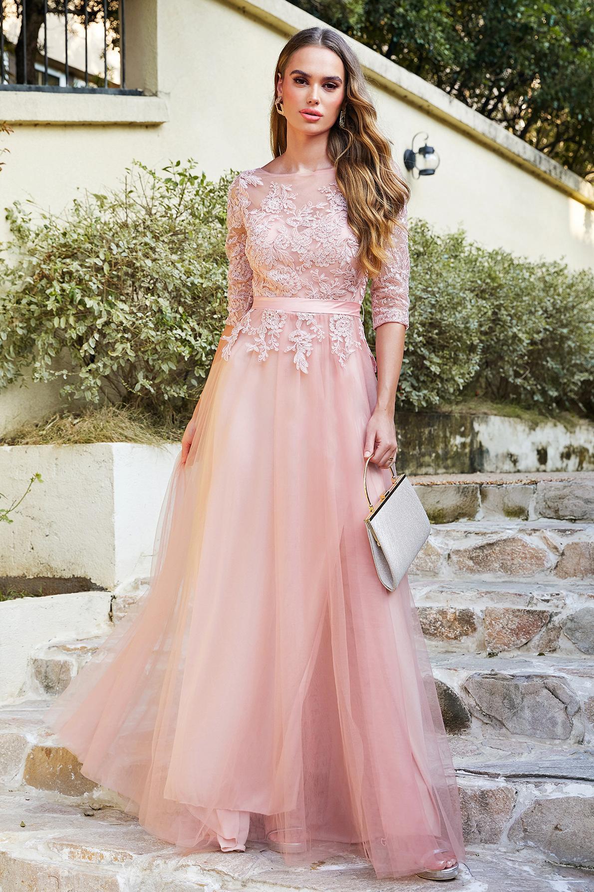NANA | A-line Half Sleeves Floor Length Slit Appliqued Tulle Prom Dresses with Sash-newarrivaldress