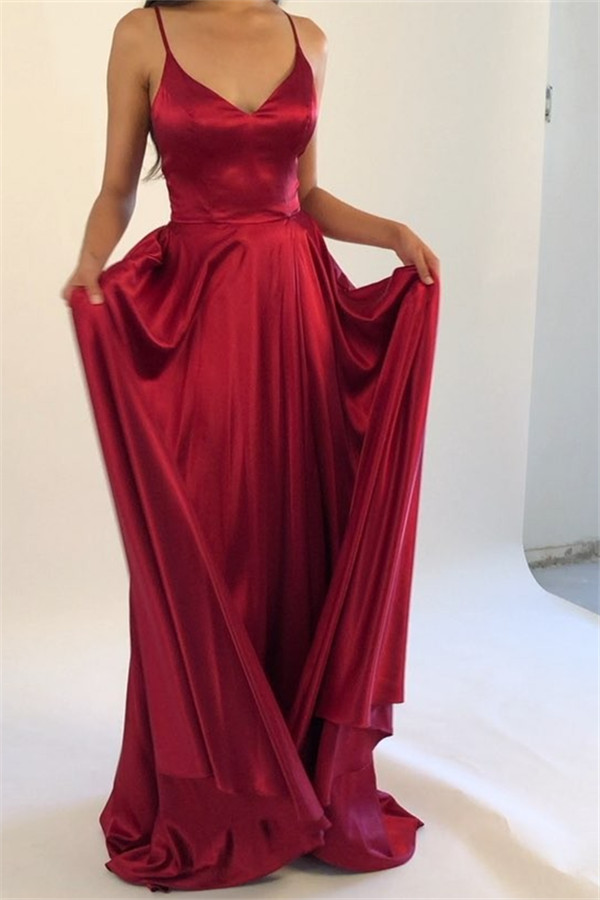 Elegant Simple Burgundy Spaghetti-Straps A-Line Prom Dresses-newarrivaldress