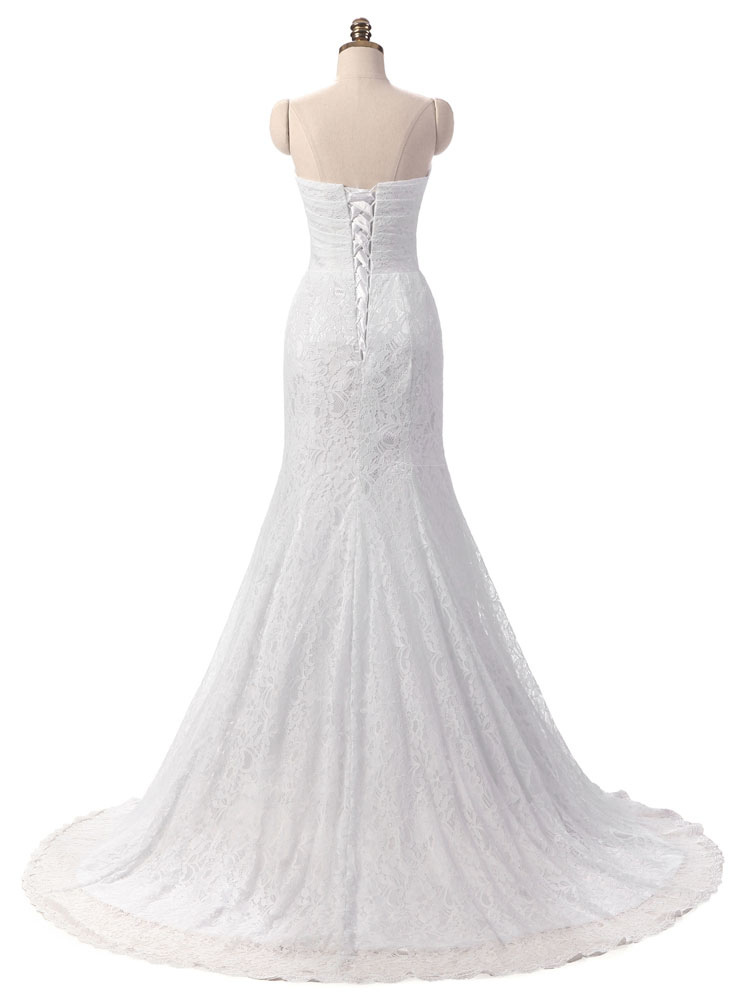 Mermaid Wedding Dress White Lace Fit And Flare Bridal Dress Sweetheart Strapless Train Fishtail Bridal Gown With Detachable Rhinestone Sash-newarrivaldress