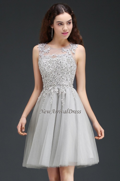 Silver Short Appliques Sleeveless A-Line Tulle Homecoming Dress-newarrivaldress