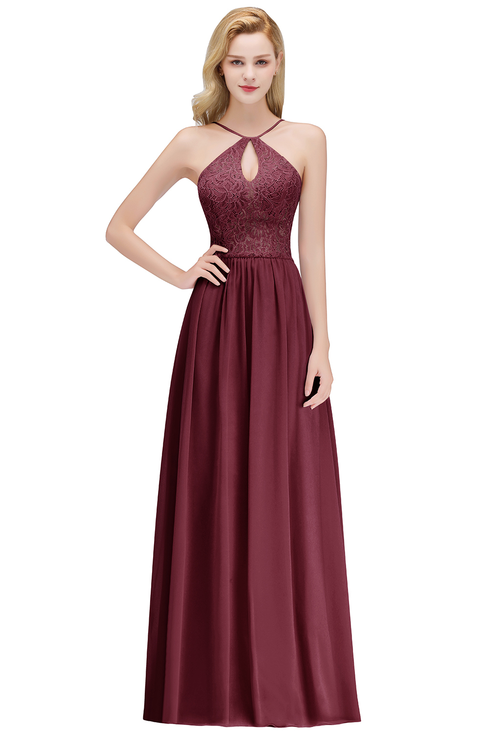 MADELEINE | A-line Keyhole Neckline Lace Top Long Spaghetti Bridesmaid Dresses-newarrivaldress