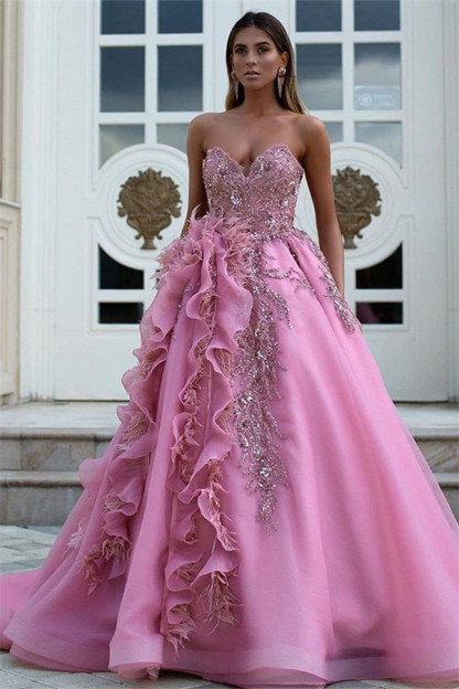 Exquisite Strapless Sweetheart Ruffles Appliques Long Evening Dress-newarrivaldress