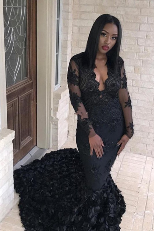 Long-Sleeves Black Prom Dress |Lace Evening Gowns With Bottom Flowers BA8436-newarrivaldress