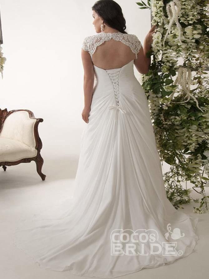 Plus Size Cap Sleeves Chiffon Lace Appliques Garden Aline Wedding Dress-newarrivaldress