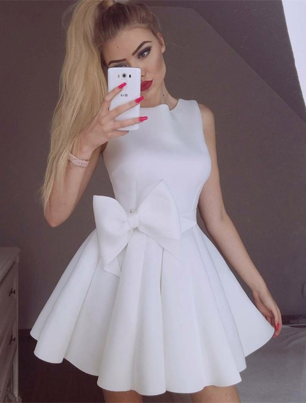 Newest White Bowknot Scoop Sleeveless Homecoming Dress | Short Party Gown-newarrivaldress