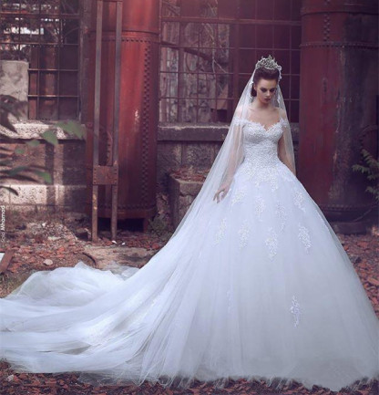 Off The Shoulder Princess Wedding Dress Ball Gown Lace Bride Dresses with Long Train-newarrivaldress