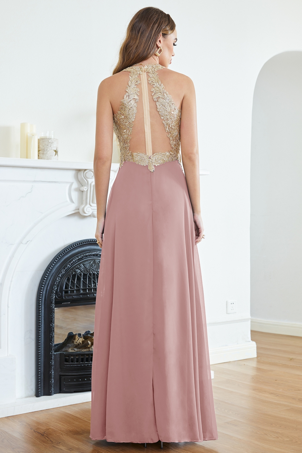 Chiffon Long Evening Dress Sleeveless Gold Appliques Floor Length Bridesmaid Dress V-neck-newarrivaldress