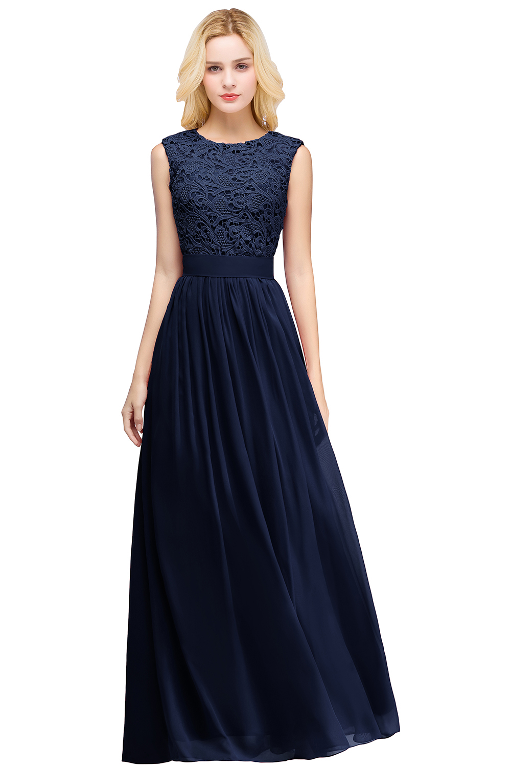 EMELY | Sheath Crew Sleeveless Floor-length Lace Top Chiffon Bridesmaid Dresses-newarrivaldress