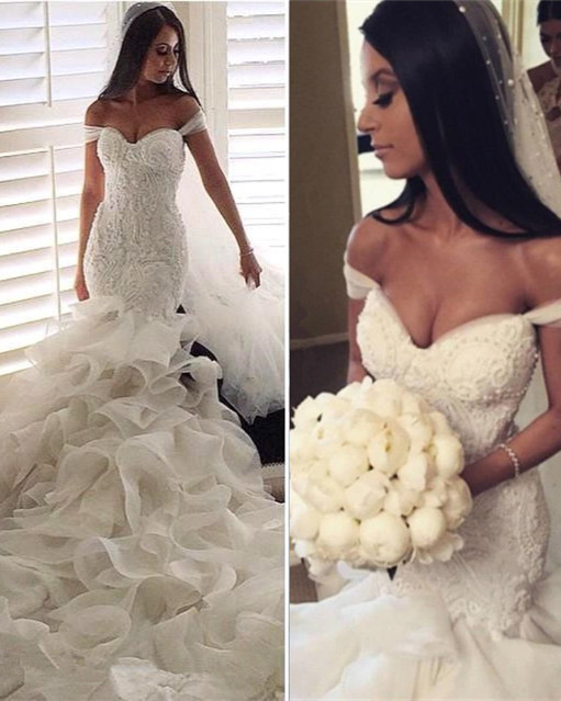 Mermaid Off The Shoulder Sexy Wedding Dresses | Ruffled Tulle Bridal Gowns with Cathedral Train-newarrivaldress