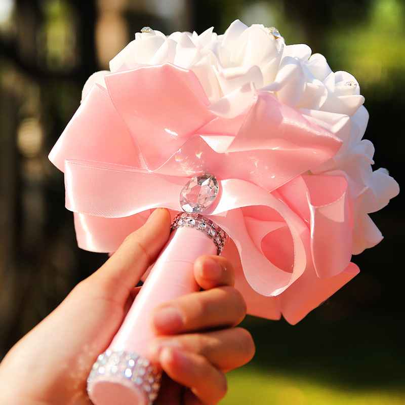 White Silk Wedding Bouquet with Colorful Handles-newarrivaldress