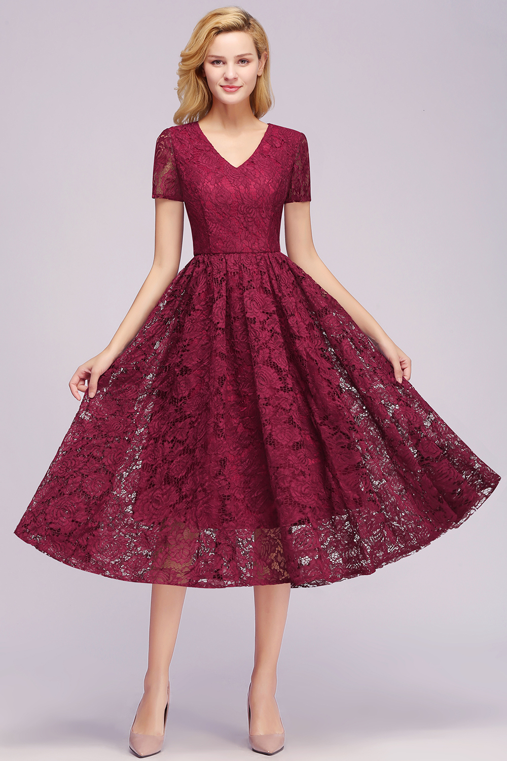 Burgundy Short Sleeves Flower Lace V-neck Dresses with Sash-newarrivaldress