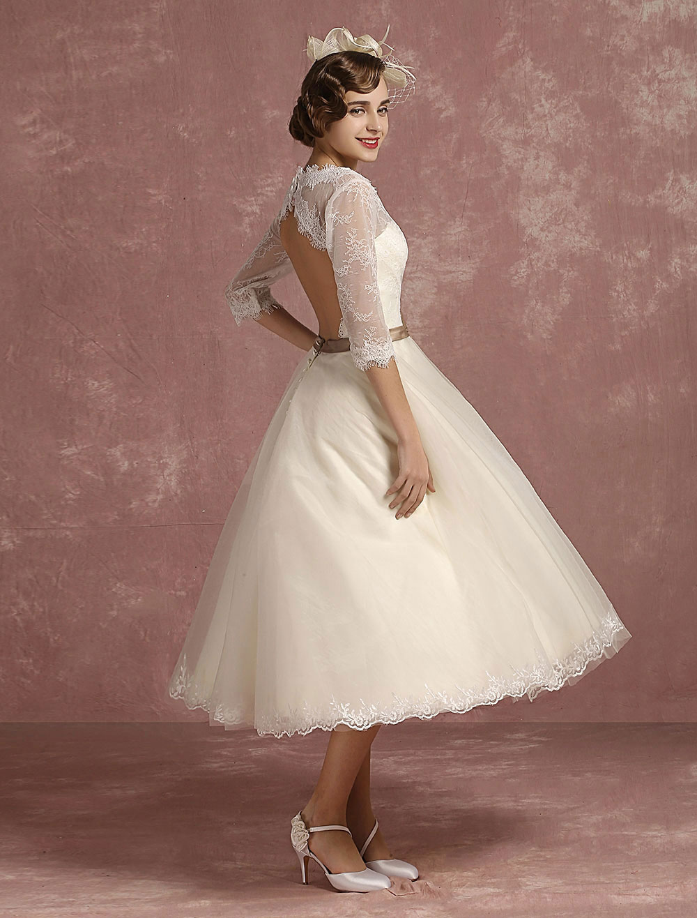 Vintage Wedding Dress Short Lace Tulle Bridal Dress Half Sleeve V Neck Backless A Line Flower Sash Tea Length Bridal Gown Exclusive-newarrivaldress