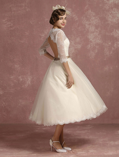 Vintage Wedding Dress Short Lace Tulle Bridal Dress Half Sleeve V Neck Backless A Line Flower Sash Tea Length Bridal Gown Exclusive-newarrivaldress