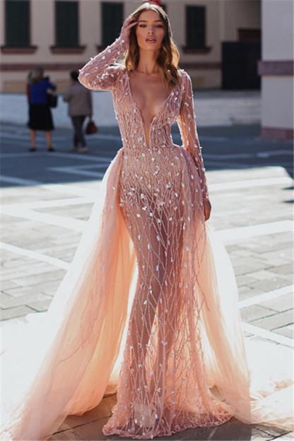 Glamorous Pink Mermaid Deep V-Neck Long Sleeves Crystal Prom Dresses With Detachable Skirt-newarrivaldress