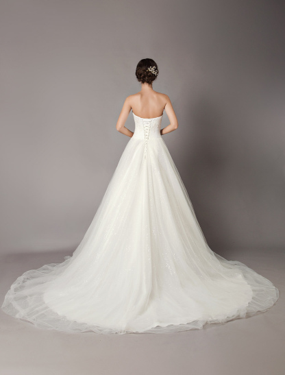 Wedding Dresses Ivory Strapless Lace Beaded Chapel Train Bridal Gowns-newarrivaldress