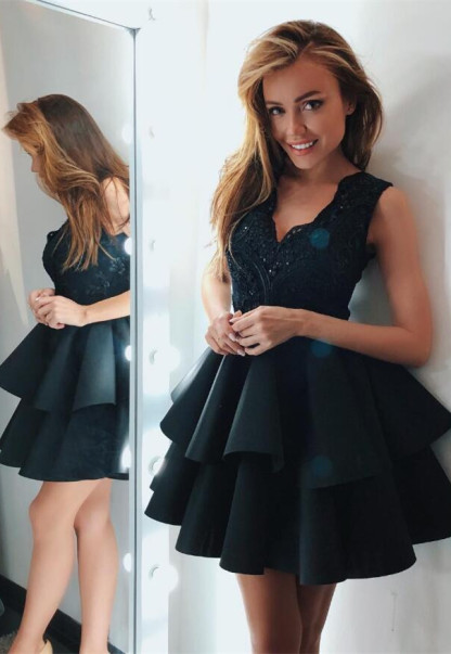 Modern Lace V-neck Red Ruffles Homecoming Dress | Short Party Gown-newarrivaldress