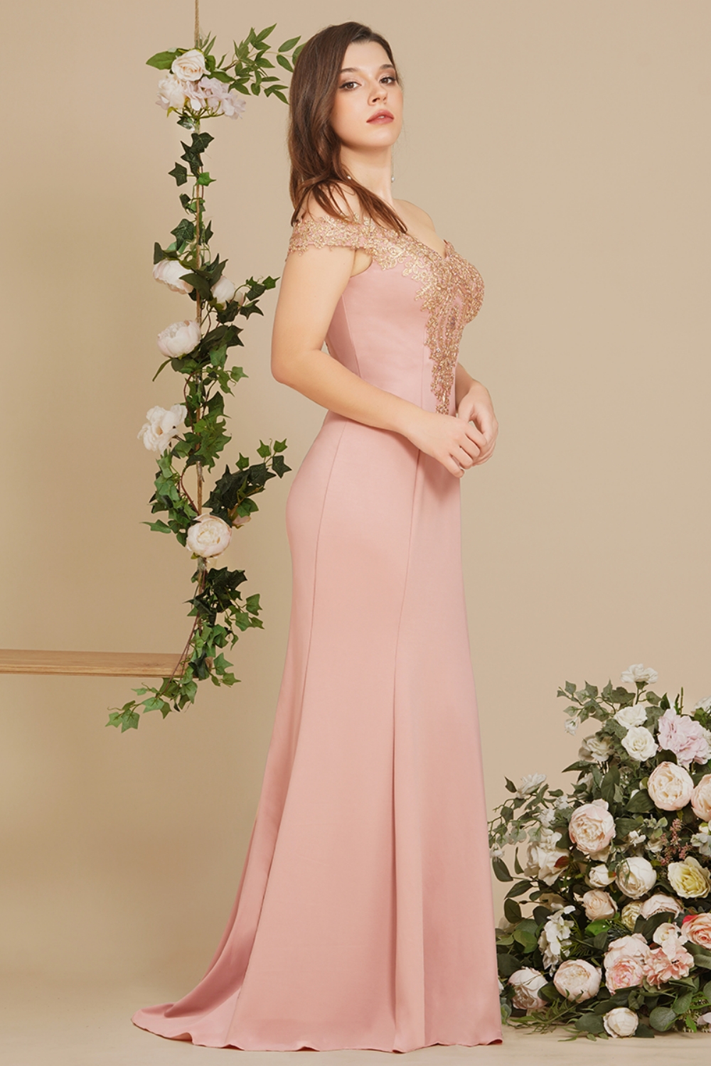 Off-the-shoulder Burgundy Evening Dress with Gold Lace Appliques Floor Length Formal Dress-newarrivaldress