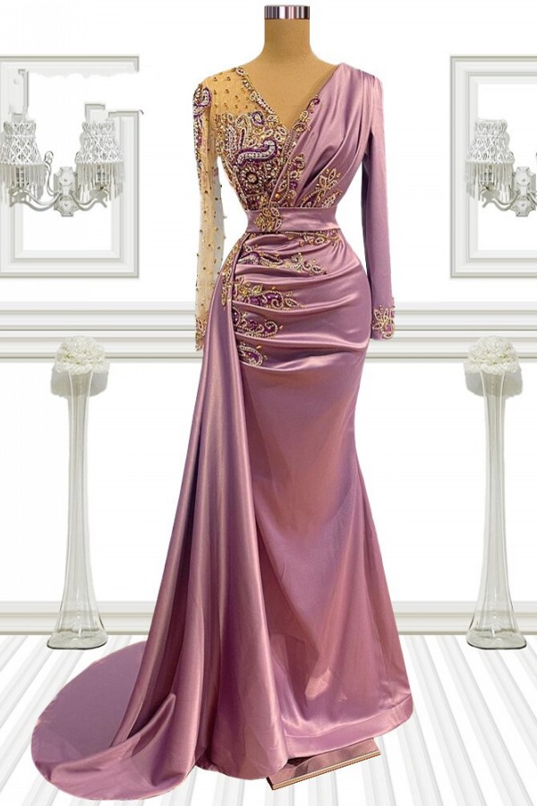 Stylish Satin Mermaid Prom Dress with Sleeves Gold Appliques Party Gown-newarrivaldress